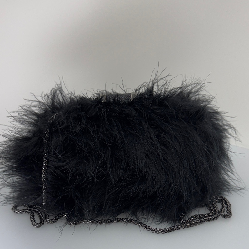 Black Faux Fur Evening Clutch With Chain Strap